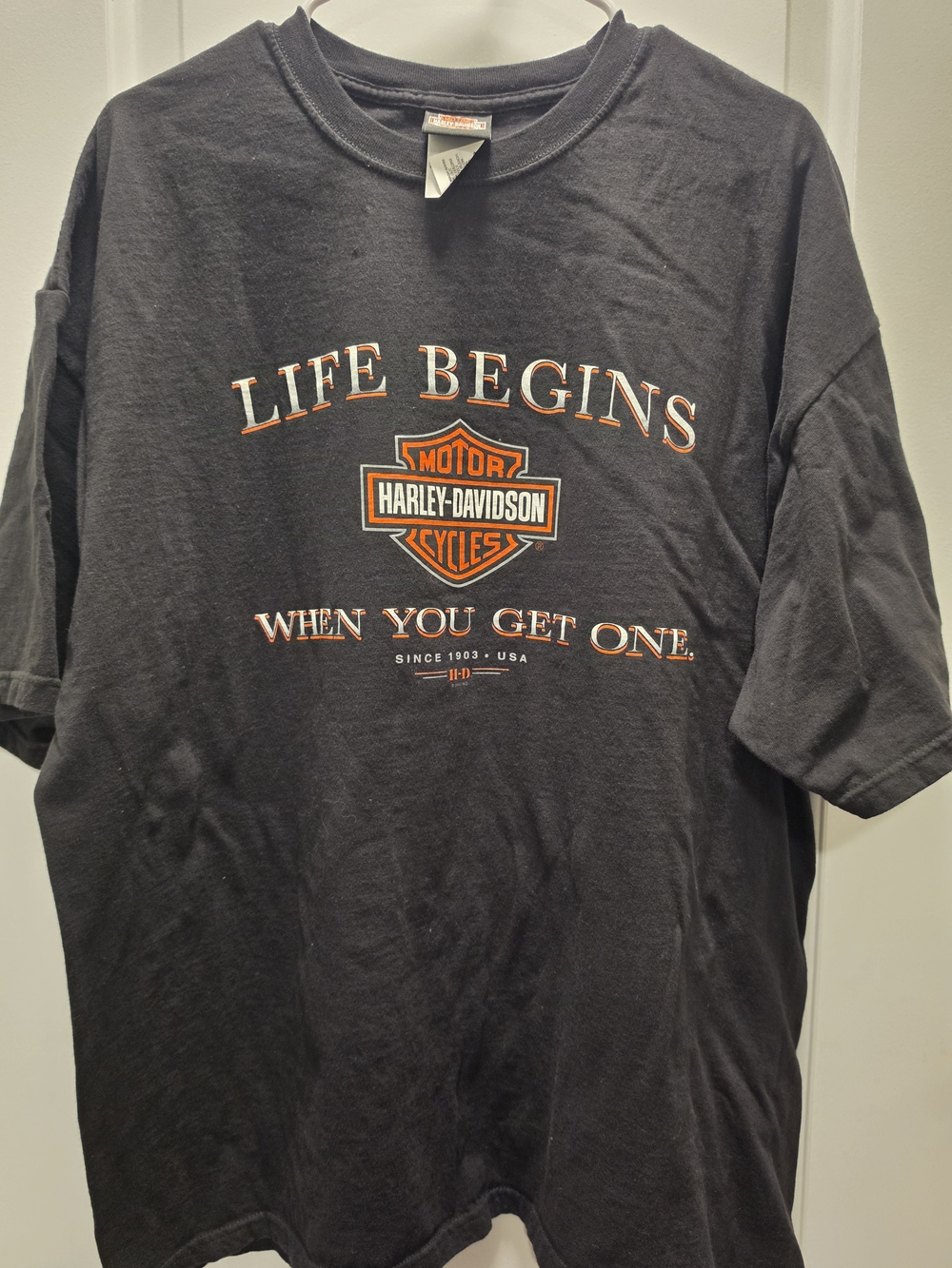 Harley-Davidson Black Tee with Orange & White Bar Shield Graphic